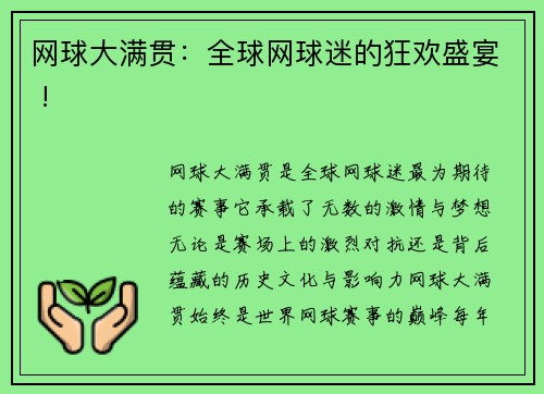 网球大满贯：全球网球迷的狂欢盛宴 !
